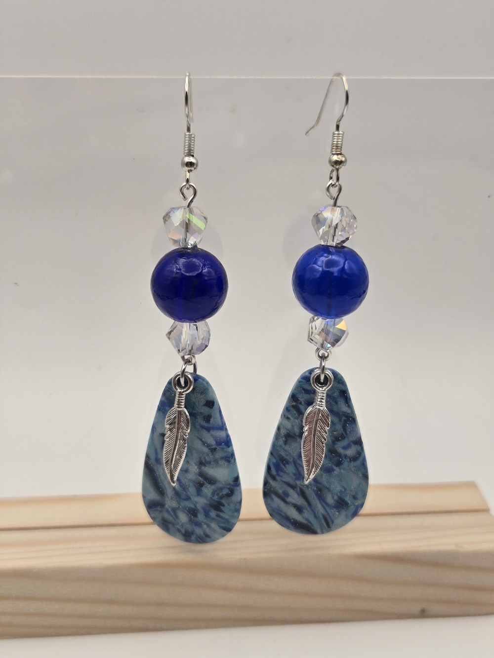 #B387- Blue Bead and Marbled Teardrop Feather Dangle Earrings